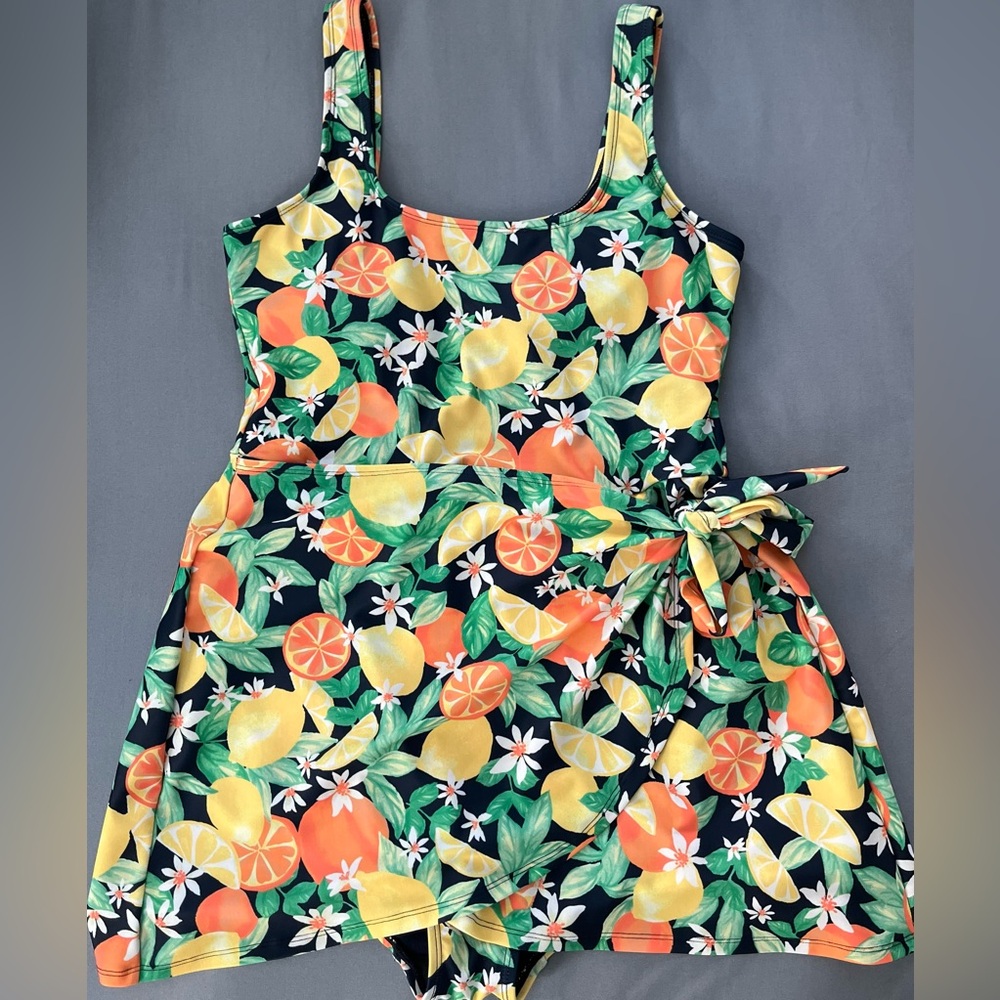 Old Navy Lemon and Orange Swim Faux Wrap Side-Tie Dress Size L